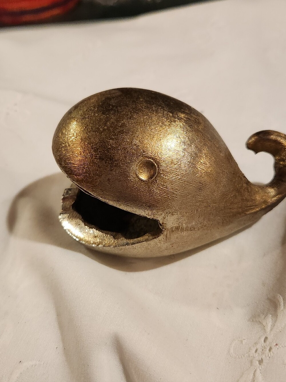 Vintage Brass Whale Open Mouth Ashtray 4.5" Long w Patina